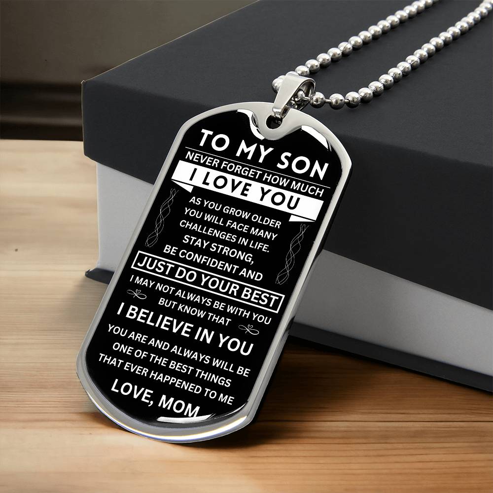 Son "Never Forget" Dog Tag - Military Ball Chain From Mom