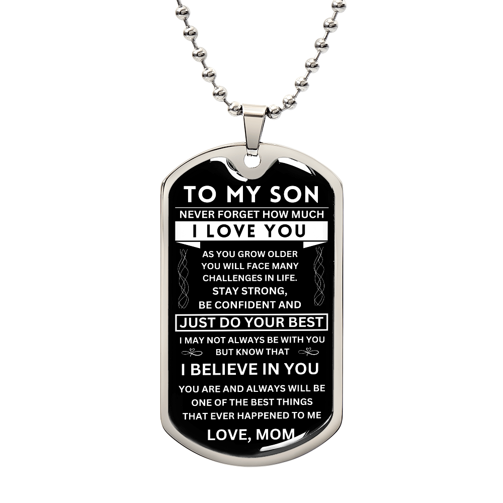 Son "Never Forget" Dog Tag - Military Ball Chain From Mom