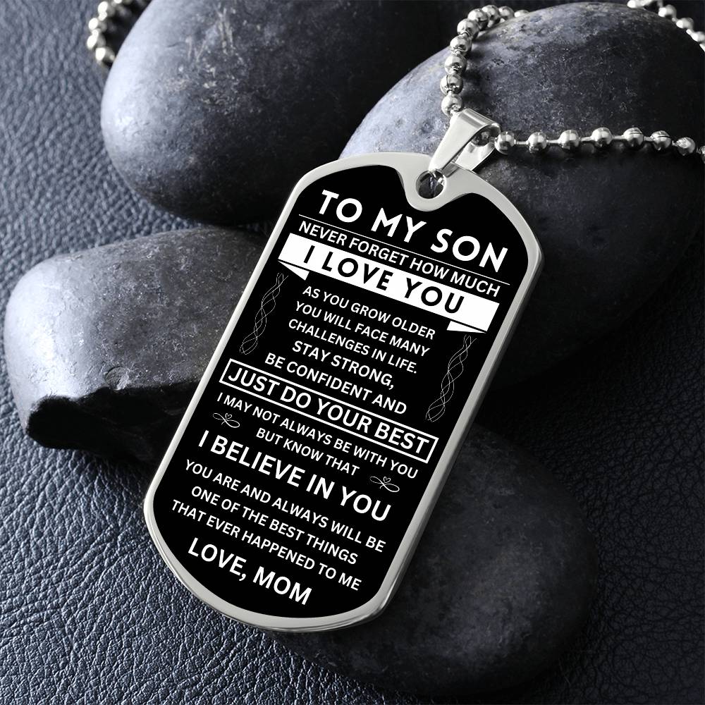 Son "Never Forget" Dog Tag - Military Ball Chain From Mom