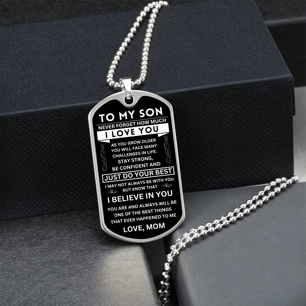 Son "Never Forget" Dog Tag - Military Ball Chain From Mom