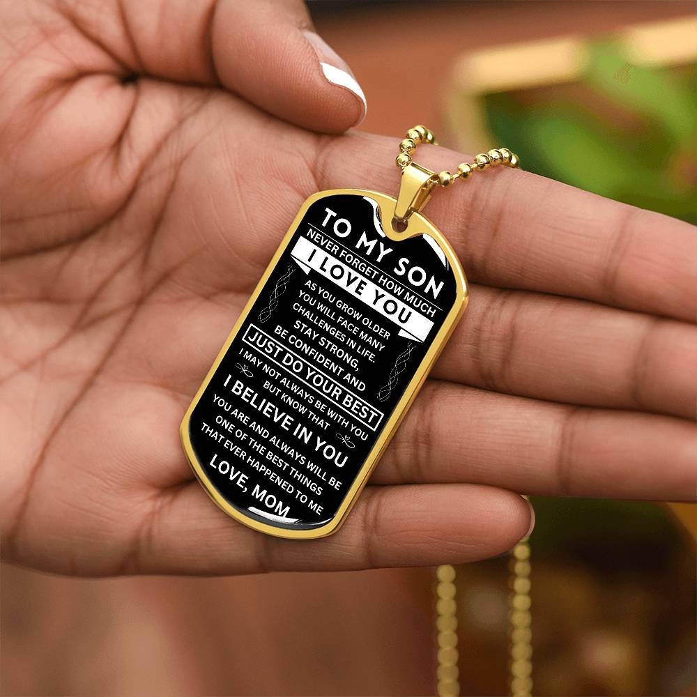 Son "Never Forget" Dog Tag - Military Ball Chain From Mom