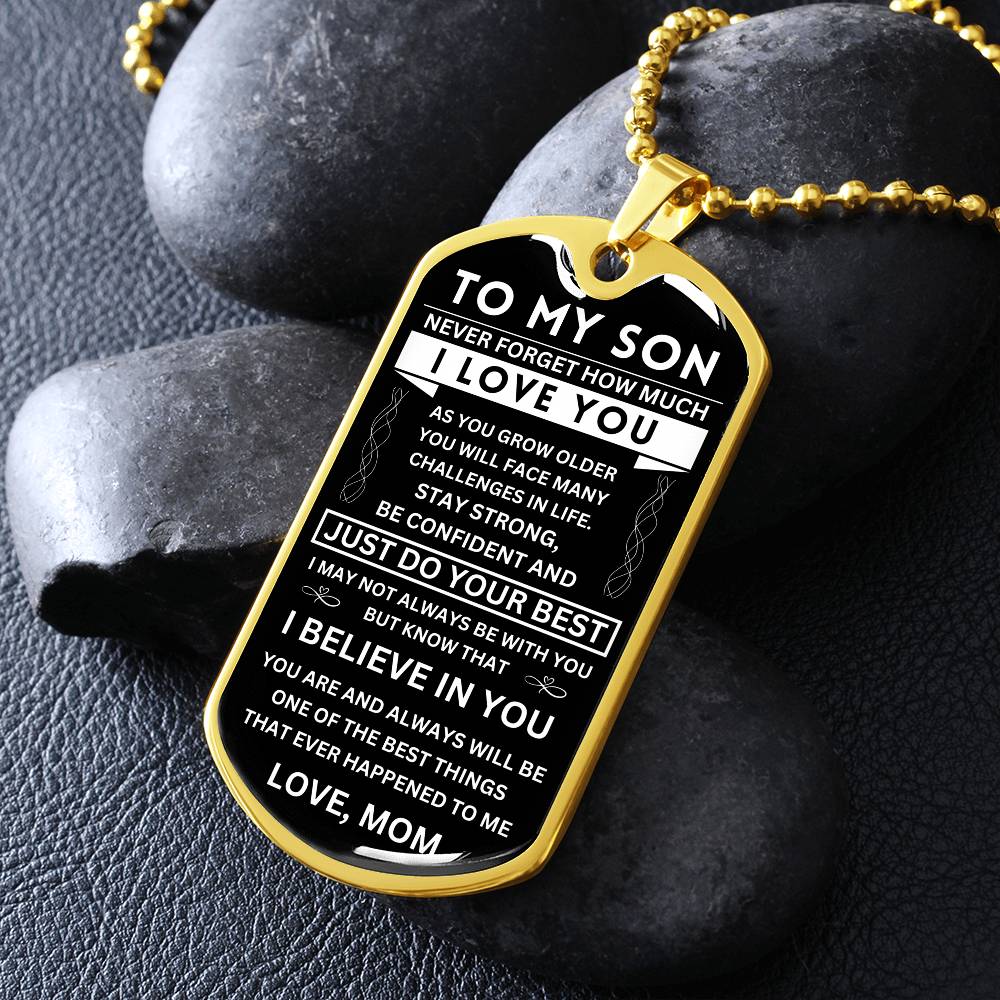 Son "Never Forget" Dog Tag - Military Ball Chain From Mom
