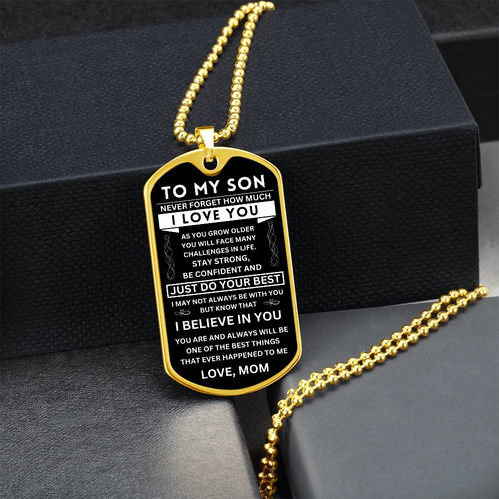 Son "Never Forget" Dog Tag - Military Ball Chain From Mom