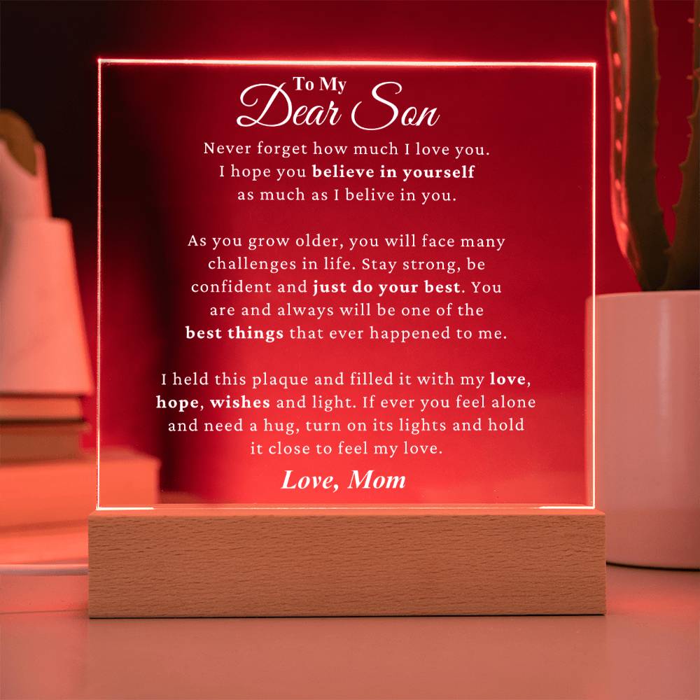 Son " Believe In Yourself" LED Square Acrylic Plaque From Mom